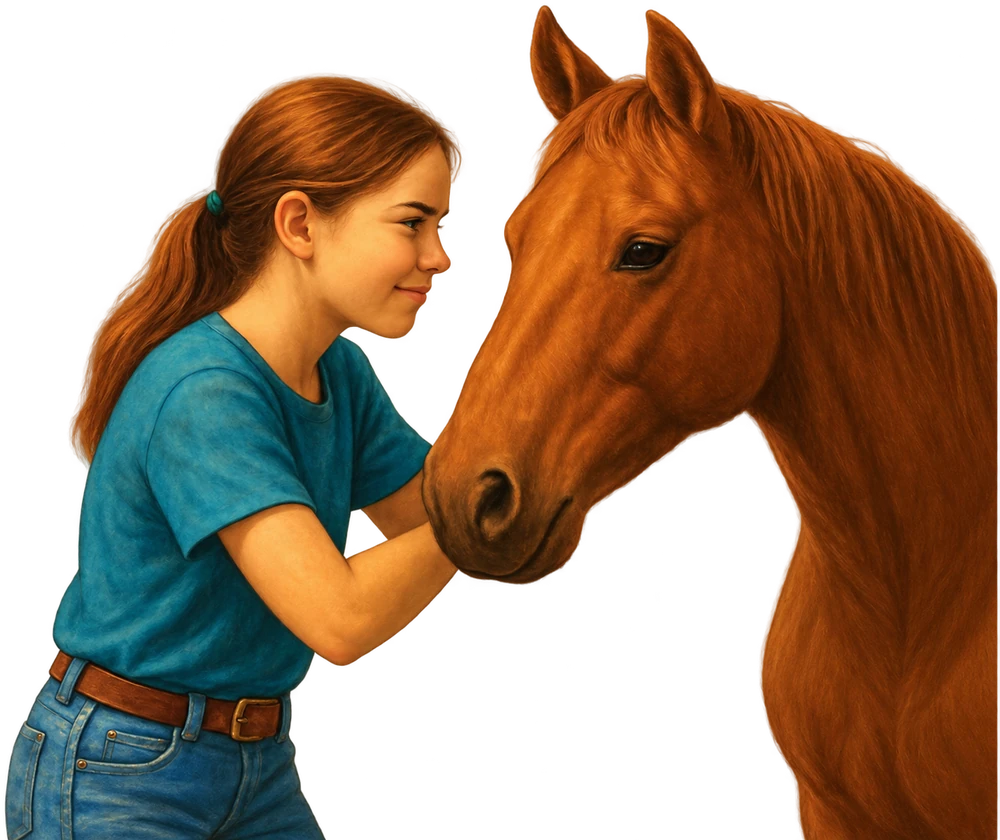 Illustration of Emily Edwards standing face to face with her horse Calypso