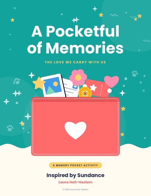 Cover of the Pocketful of Memories activity: a red memory pocket with a white heart, surrounded by a photo, a flower, a button and a ticket
