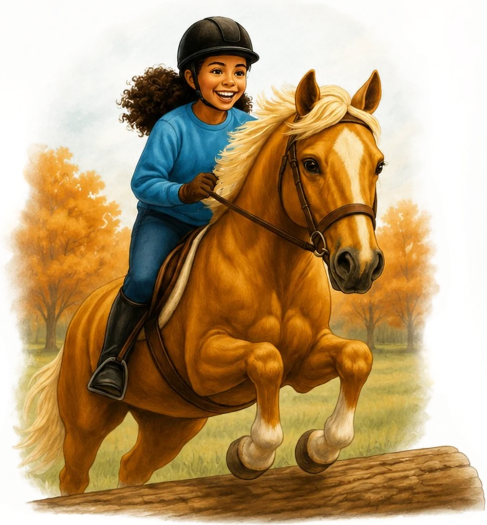 Illustration of Sofia jumping her horse Sundance over a log